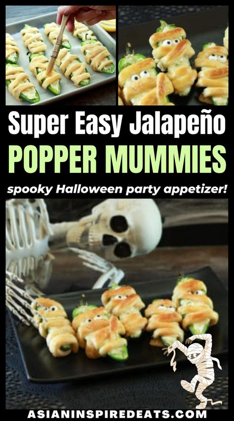 a plastic skeleton set up behind a plate of jalapeno popper mummies with googly eyes Super Easy Appetizers, Creepy Halloween Party, Mummy Recipes, Scary Food, Halloween Party Appetizers, Cream Cheese Crescent Rolls, Spooky Halloween Party, Jalapeno Popper, Halloween Appetizers