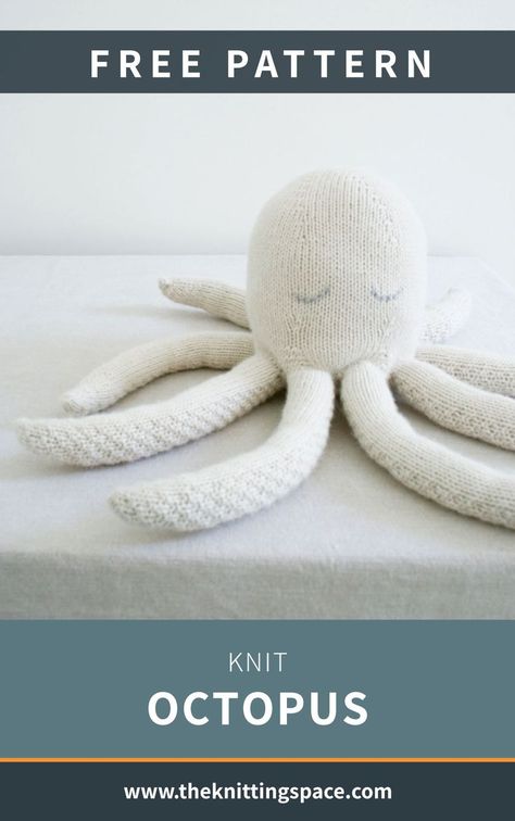 A white knitted octopus toy and text which says "Free Pattern: KNIT OCTOPUS, theknittingspace.com" Clingy Friends, Knit Octopus, Octopus Knitting Pattern, Octopus Knitting, Free Baby Shower, Free Toys, Baby Garments, Free Knitting Patterns, Free Knitting Pattern