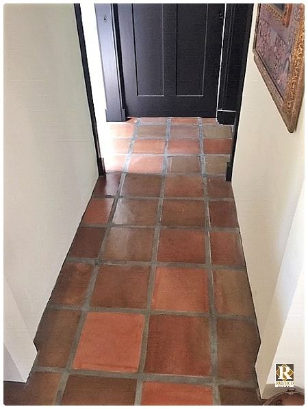 Manganese Saltillo Tile Floor, 1960s Flooring, Saltillo Tile Bathroom, Mexican Tile Floor, Saltillo Tile Floor, Filipino House, Saltillo Tile, Foundation Repair, Tiled Hallway