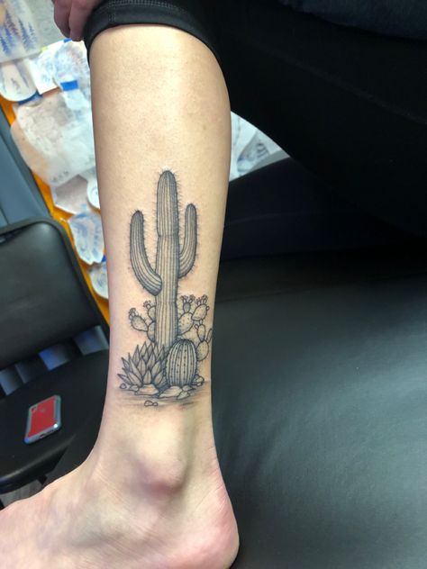 Cactus Tattoo On Leg, Unique Cactus Tattoo, Cactus Scene Tattoo, Arizona Tattoo Sleeve, Fineline Cactus Tattoo, Cactus Tattoo Cover Up, Black And Grey Cactus Tattoo, Colored Desert Tattoo, Tattoo Ideas Cactus