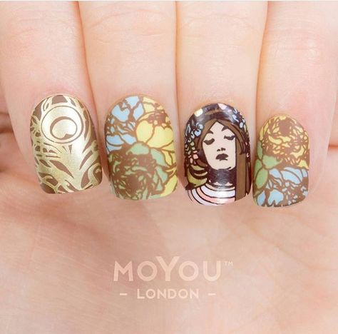 Art Nouveau is not exclusive to canvases, hallways, stairs, doors, and windows alone; it applies to all medium possible for art, including nails! This nail art definitely nailed it (no pun intended) with its feminine and organic design. London Nails, Principles Of Art, Feminine Art, Liquid Gold, Brown Nails, Yellow Nails, Prom Nails, Organic Design, Jan 20