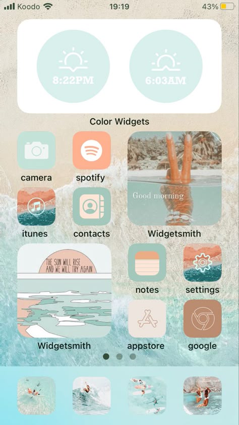 Beach Aesthetic Phone Layout, Coastal Homescreen, Beach Phone Layout, Customized Widgets, Summer Home Screen Iphone, Cute Home Screen Wallpaper Iphone, Summer Phone Theme, Summer Home Screen, Home Screen Wallpaper Iphone