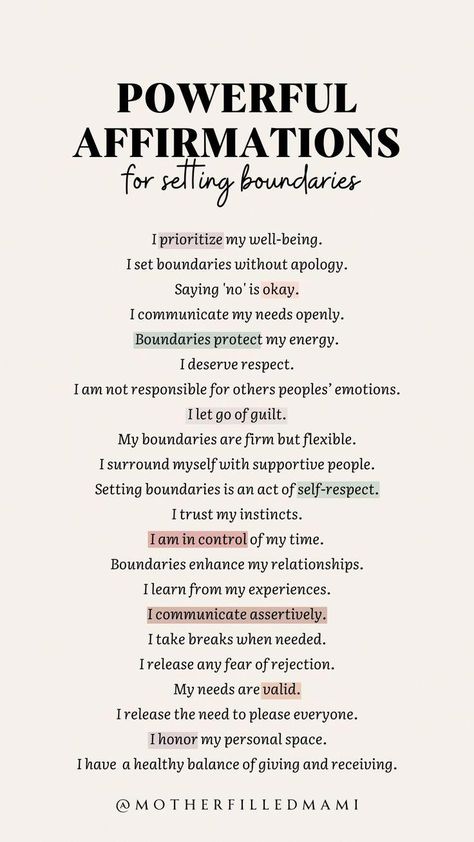 Powerful affirmations to help you start setting healthy boundaries in your life. #powerfulaffirmations #positiveaffirmations #dailyaffirmations #affirmations #boundaries #healthyboundaries #positiveselftalk Healthy Boundaries Relationships, Power Affirmations, Losing 40 Pounds, Positive Work Environment, Powerful Affirmations, Setting Healthy Boundaries, Motivational Stories, Healthy Boundaries, Daily Positive Affirmations