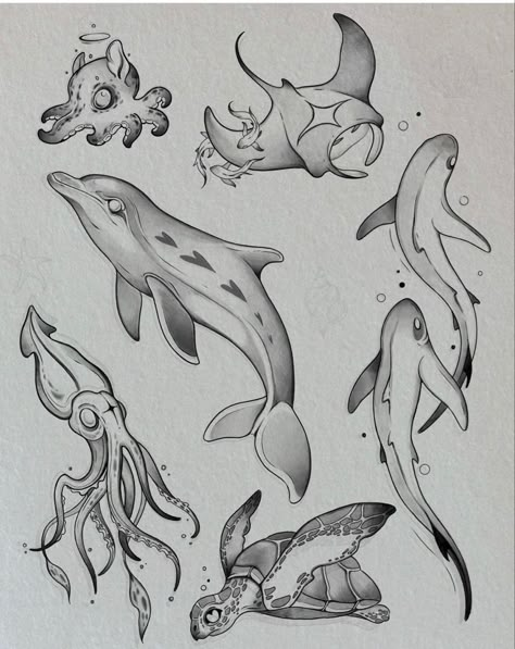 Swimming Fish Tattoo, Water Animal Tattoo, Animal Flash Tattoo, Cute Sea Animals Drawing, Drawing Dolphin, Dolphin Illustration, Dolphin Tattoo, Flash Ideas, Petit Tattoo