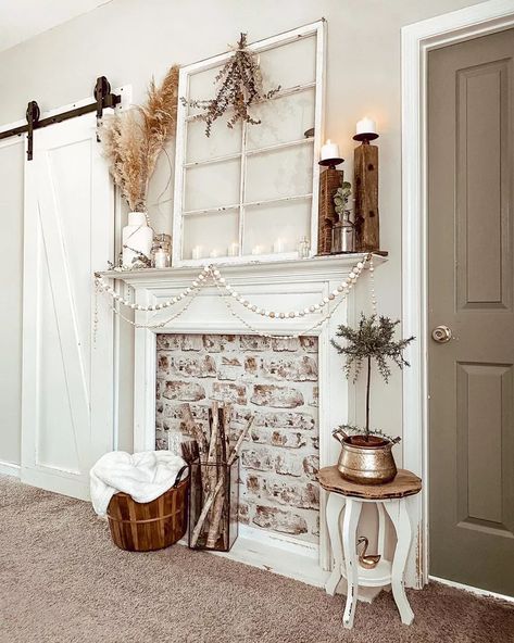 Brick Wallpaper Fireplace, Faux Mantle Ideas, Faux Foyer, Beach Fireplace, Faux Mantle, Faux Fireplace Mantels, Cottage Fireplace, Fake Fireplace, Faux Fireplace Diy