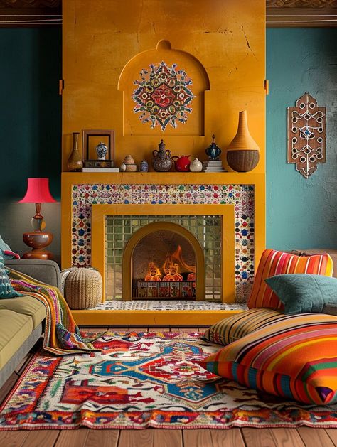 20 Enchanting Bohemian Fireplace Inspirations For Your Home - H.M.G Mexican Tile Fireplace, Bohemian Fireplace, Bright Boho Living Room, Mexican Living Room, Space Efficient Furniture, Spanish Living Room, Modern Mexican Home, Best Bathroom Paint Colors, Minimalist Living Room Ideas