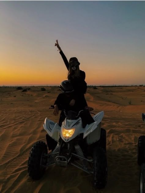 Dubai Fits, Egypt Outfits, Desert Photoshoot Ideas, Hair Contouring, Desert Aesthetic, Dubai Vacation, Atv Riding, Atv Quad, Quad Bike