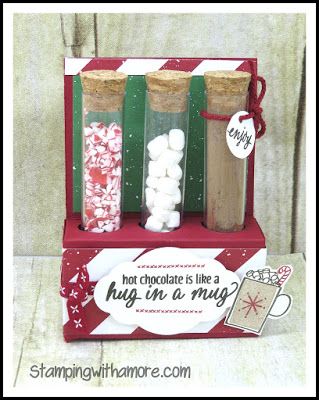 Stampingwithamore: HOT CHOCOLATE TEST TUBE TREAT HOLDER Test Tube Crafts, Paper Crafts Christmas, Test Tube Holder, Christmas Treats Holders, Hug In A Mug, Rubber Stamping Cards, Box Wrapping, Christmas Hot Chocolate, Treat Holders