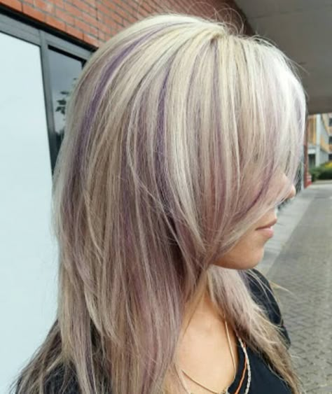 Peek A Boo Highlights Blonde, White Hair With Colored Highlights, Blonde And Violet Hair, Purple Blonde And Brown Hair, Blonde Hair Purple Streaks, Purple Lowlights In Blonde Hair, Blonde Hair With Purple Streaks, Purple Lowlights, Blonde Hair With Purple