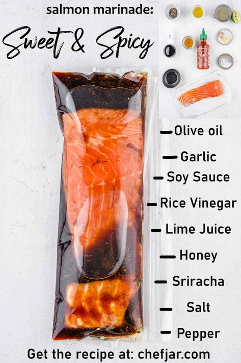 Asian Salmon Marinade, Salmon Marinades, Sweet And Spicy Salmon, Spicy Salmon Recipes, Best Salmon Marinade, Salmon Marinade Recipes, Sweet And Sour Prawns, Asian Marinade, Asian Salmon