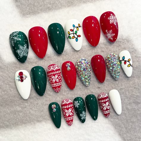 Holiday Party Fake Nails, Faux Nails, Glue On Nails, Snowflake Nails, Christmas Nails, Press On Nails, Rhinestone Nails, Winter Nails, Gloss Nails This listing is for 20 faux nails in the color and design pictured above.  I personally paint and package each nail set. This means not every set will be identical.  Colors may be similar but not exactly as shown on your computer, tablet, and/or cell phone screen. Devices display shades differently. We do our absolute best to represent each shade as c Fake Nails Christmas, Winter Birthday Nail Ideas, Rainbow Christmas Nails, Press On Christmas Nails, Press On Nails Christmas, Holiday Press On Nails, Retro Christmas Nails, Christmas Press On Nail Designs, Holiday Lights Nails