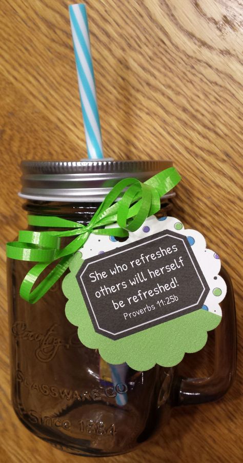 She who refreshes others will herself be refreshed - drinking mug - you can add their favorite drink mix singles packet - Secret Sister gift idea Secret Sister Ideas For Women, Ladies Ministry Gifts, Greeters Ministry Ideas, Women Ministry Gift Ideas, Secret Pals Gift Ideas, Diy Secret Sister Gift Ideas, Secret Sisters Gift Ideas, Christian Secret Sister Gifts, Secret Sister Easter Gift Ideas