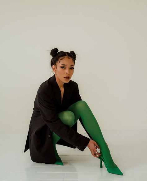 We heard it's brat summer.⁠ ⁠ Not exactly the same colour as that brat green but you get the idea!⁠ ⁠ #brat #charlixcx #editorial #abstract #art #model #beautiful #photography Colour Block Photoshoot, Green Stockings Outfit, Neon Green Shirt Outfit, Green Background Photoshoot, Science Photoshoot, Green Tights Outfit, Green Fashion Editorial, Christmas Outfit Green, Brat Outfits