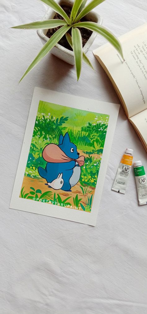 Studio Ghibli Gouache Painting, Easy Guache, Totoro Gouache, Ghibli Gouache Painting, Studio Ghibli Gouache, Guache Painting Ideas, Guache Art Gouache Painting, Totoro Painting, Chibi Totoro