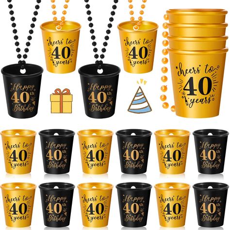 PRICES MAY VARY. Abundant Quantities: what you will receive are 12 pieces of 40th birthday plastic shot glass bead necklaces, designed in 2 different colors of black and gold, each style has 6 pieces; Sufficient quantities and different types could basically meet your 40th birthday party's use needs Creative Designs: as you can see in the pictures, our party shot glasses necklace is mainly designed with the theme of celebrating 40th birthday, printed with cute patterns of diamonds, etc., and tex Glasses Necklace, Shot Cups, Shot Glasses, Shot Glass, Beaded Necklace, Birthday Party, Birthday, Glass, Gold