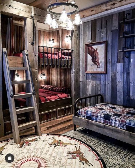 Rustic charm in every detail of this room!!! Sweet Dreams!!! Rug: Battle Records Timber Bedroom, Cochrane Alberta, Cowboy Bedroom, Cowgirl Lifestyle, Cabin Bunk Beds, Print Rugs, Modern Ranch House, Cabin Retreat, Bunk Rooms