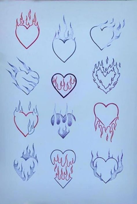 Hear On Fire Tattoo, Red Heart On Buttcheek Tattoo, Cherry Flame Tattoo, Cross Stitch Heart Tattoo, Easy Tattoo For Beginners, Small Tattoos Outline, Pretty Heart Tattoos, Flaming Heart Tattoo Simple, Heart With Horns Tattoo