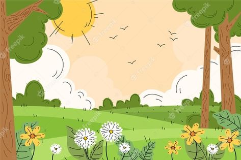 Grass Vector Illustrations, Cute Wallpapers Landscape, Cute Cartoon Landscape, Landscape For Kids, Spring Illustrations, Cartoon Landscape, Spring Cartoon, Spring Drawing, Spring Illustration