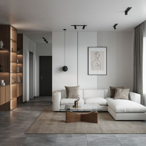 Modern Minimalist Interior Design 🥰 Less distractions, more elegance. What’s your idea of the perfect minimalist living room? 🛋️ #minimaliststyle #interiordesign #interior #design #MinimalistDesign #InteriorDesigner Grey Wood Floors Living Room, Contemporary Living Room Grey, Grey Walls Living Room, Grey Wood Floors, Grey Interior Design, Cosy Interior, Condo Interior, Wood Interior Design, Grey Decor