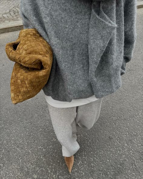 Basics | Instagram Grey Beige Outfit, Bottega Bag Outfit, Suede Bag Outfit, Yellow Bag Outfit, Mustard Bag, Clutch Outfit, Bottega Bag, Bottega Veneta Bag, Bag Outfit