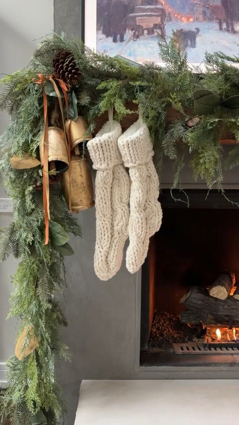 Handcrafted Brass Bells Wall Art curated on LTK Garland On Mantle, Dramatic Fireplace, Christmas Mantel Garland, Mantel Styling, Christmas Garland Mantle, Fireplace Garland, Mantle Garland, Pottery Barn Christmas, Lauren Ashley