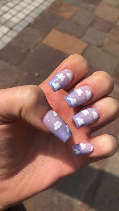 Purple Nails With Clouds, Short Trendy Nails Purple, Nail Inspo Birthday Set, Pastel Purple Nails Aesthetic, Short Nail Designs Purple, Purple Nails Designs Short, Purple Cloud Nails, Nails 2023 Gel, Cloud Nails