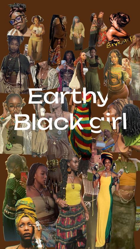 Earthy Black girl 🌱 Boho Earthy Black Women, Earth Black Women, Spiritual Outfits Black Women, Black Earthy Girl Aesthetic, 70s Aesthetic Black Women, Black Boho Aesthetic, Earth Witch Outfit, Boho Black Women Aesthetic, Black Earthy Girl