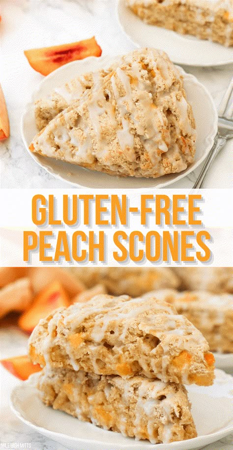 These fluffy gluten-free Peach Scones are filled with pops of juicy, sweet peaches throughout and topped with a light glaze. They're great for an end of Summer breakfast or brunch! Fresh Peach Gluten Free Recipes, Gluten Free Peach Scones, Gluten Free Peach Cookies, Peach Recipe Gluten Free, Gf Peach Muffins, Gluten Free Dairy Free Peach Recipes, Peach Gluten Free Recipes, Gf Peach Recipes, Gf Peach Desserts