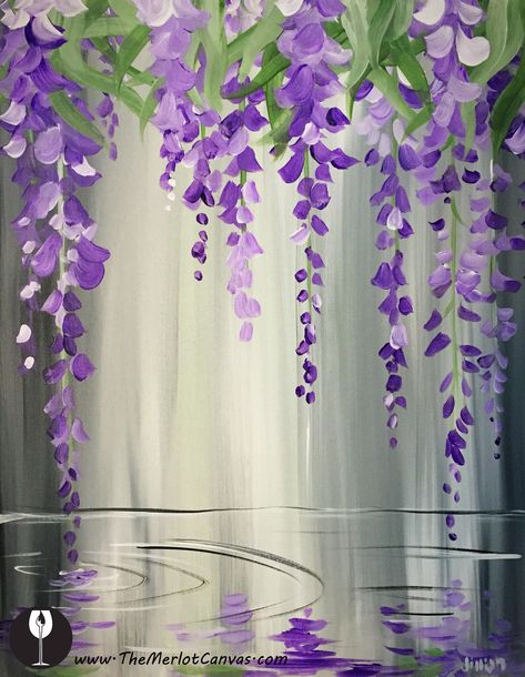 Painted Wisteria Flowers, Wisteria Painting Watercolors, Violet Flower Painting Acrylic, Wisteria Art Painting, How To Paint Wisteria Acrylic, Purple Things To Paint, Purple Flower Painting Easy, Hanging Flowers Painting, Wisteria Tree Painting