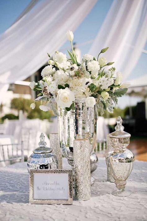 30 Silver Wedding Decor Ideas ❤ silver wedding decor ideas all vase with white flowers centerpiece paul johnson photography #weddingforward #wedding #bride #weddingdecor #silverweddingdecorideas Mercury Glass Centerpiece, Silver Wedding Decor, Draping Design, Silver Wedding Ideas, Silver Wedding Decorations, Silver Centerpiece, Metallic Wedding, 25th Wedding Anniversary, Red And Silver