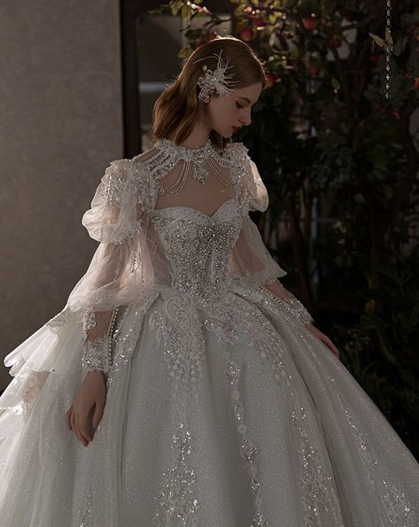 Silver Ball Gown Aesthetic, White Gown With Pearls, Fantasy Wedding Dress Ballgown, Wedding Dresses With Crowns, Royal Princess Wedding Dresses, Majestic Dresses Gowns, Victorian Wedding Dress Aesthetic, Long Sleeve Puffy Wedding Dress, Fantasy Style Wedding Dress