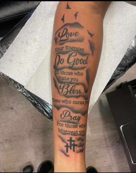 Fill In Gaps Tattoo, Bible Quotes Tattoos For Men, Writing Tattoos For Men, Tattoos Kids Names, Bible Verse Tattoos For Men Forearm, Meaningful Tattoos For Men Unique, Tattoo Ideas For Men Meaningful, Bible Verse Tattoos For Men, Tattoos For Guys Hand