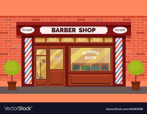 Barbershop Exterior, Building Front View, Store Facade, Vintage Barber, Building Front, Large Window, Shop Illustration, Building Facade, City Buildings