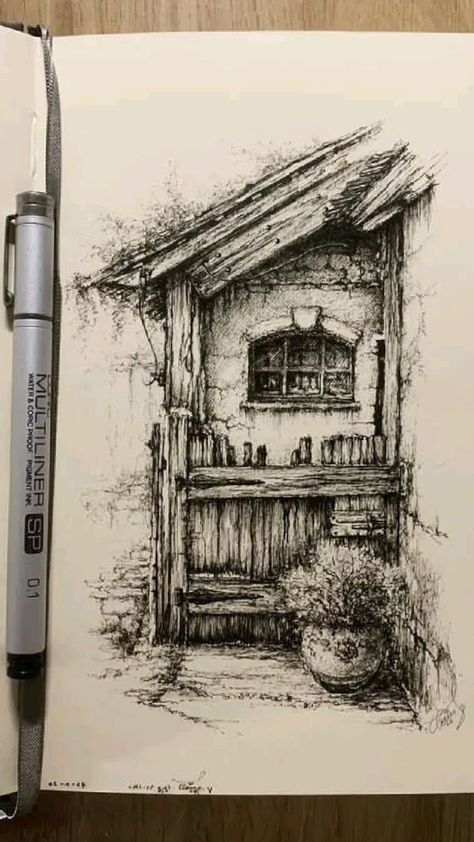 Pen Hatching Drawing, Aesthetic Nature Drawing Sketches, Urban Ink Sketch, Hatching Architecture, Pen Architecture Drawing, Detailed Drawings Pencil, Pen Art Work Illustrations, Urban Sketching Pen, Still Life Sketching