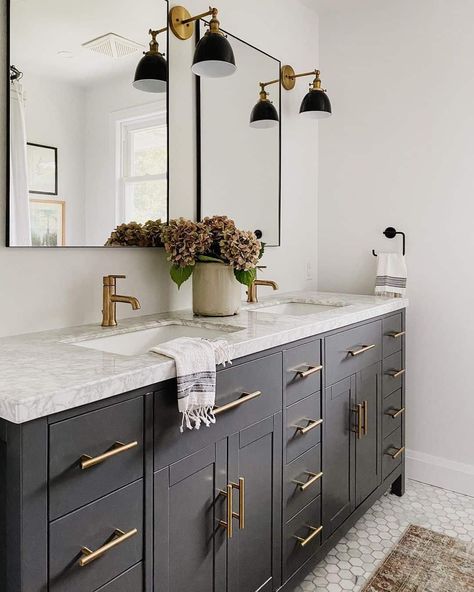 Black And Gold Bathroom, Black Vanity Bathroom, Hex Tile, Bathroom Redesign, Double Vanity Bathroom, Double Sink Bathroom, Double Sink Vanity, Double Sink Bathroom Vanity, Sink Vanity