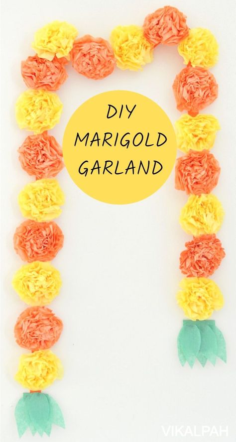 DIY Marigold garland from tissue paper flowers Diy Halloween Decorations Tissue Paper, Diy Paper Marigold Flower, Tissue Flower Garland, Diy Marigold Flowers Tissue Paper, Paper Marigold Garland Diy, Marigold Craft For Kids, Wrapping Paper Flowers Diy, How To Make Marigold Garland, How To Make Paper Marigold Flowers