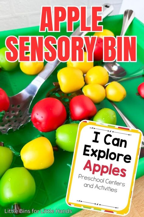 Apple Sensory Bin Apple Activities For Toddlers, Apple Sensory Bin, Preschool Fall Activities, Water Sensory Bin, Apple Sensory, Sensory Bin For Toddlers, Fall Sensory Bin, Fall Sensory, Preschool Fall