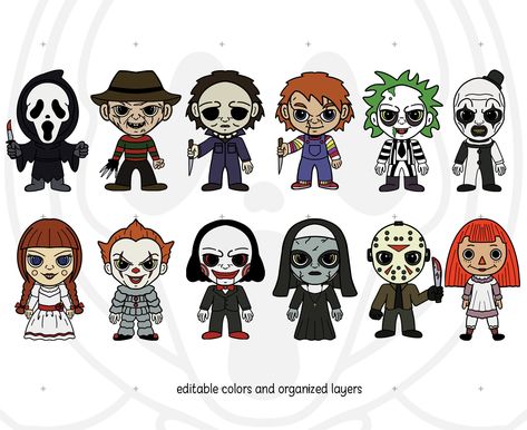 Halloween Movies Drawings, Chibi Horror Characters, Halloween Characters Movie, Horror Movie Drawings, Lash Decals, Halloween Cutouts, Creepy Sketches, Horror Room, Cute Horror