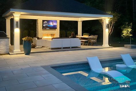 14x24 Caribbean Vinyl Pavilion in Manorville NY - LCB Cabana Ideas Backyard, Pool Pavilion Ideas, Modern Pool Cabana, Backyard Pool Cabana, Pool Cabana Ideas, Pool House Cabana, Pool House Shed, Pool Gazebo, Patio Remodel