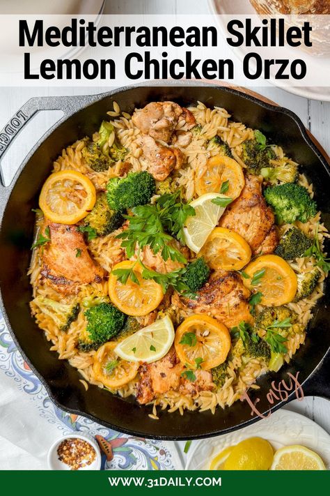 Whip up a quick and easy Mediterranean Lemon Chicken and Orzo skillet meal for busy weeknights. Bright, citrusy flavor in one delicious dish! Lemon Chicken With Orzo Recipe, Lemon Chicken And Orzo, Lemon Orzo Chicken, Orzo Dinner Recipes, Easy Chicken And Broccoli, Orzo Skillet, Chicken And Orzo, Lemon Chicken Orzo, Easy Skillet Meals