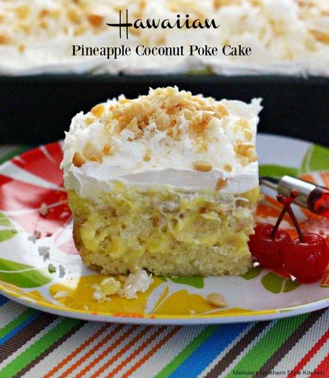 This island inspired Hawaiian Pineapple Coconut Poke Cake is a cake mix hack that's delicious to the very last bite #pokecakes #pineapplecake #pineapplecoconutpokecake #cakes #desserts #dessertfoodrecipes #southernfood #southernrecipes #sheetcakes Pineapple Coconut Poke Cake, Hawaiian Pineapple Cake, Coconut Poke Cake, Coconut Poke Cakes, Poke Cake Recipes, Poke Cakes, Caramel Cake, Pineapple Cake, A Piece Of Cake