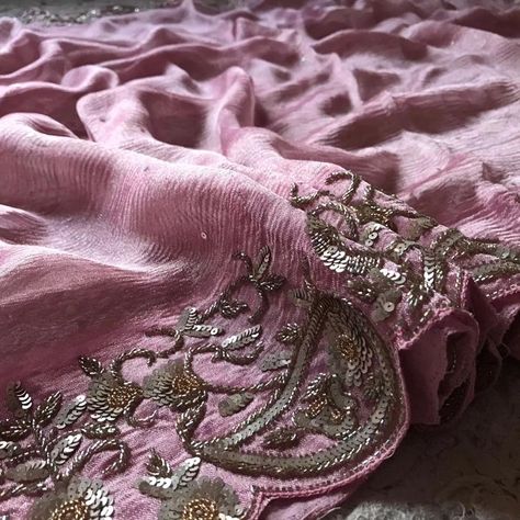 🌸🍊D@D🌸🍊 *#Ready To Go #* *#Restocked again #* Premium Edition Pure Crushed Tissue Silk drapes of luxury embellished with pearl sequins cut daana handwork with contrast tissue handwork bp @ ₹10200 shipping Silk Drapes, Ready To Go, Pure Products, Silk, Quick Saves, Design