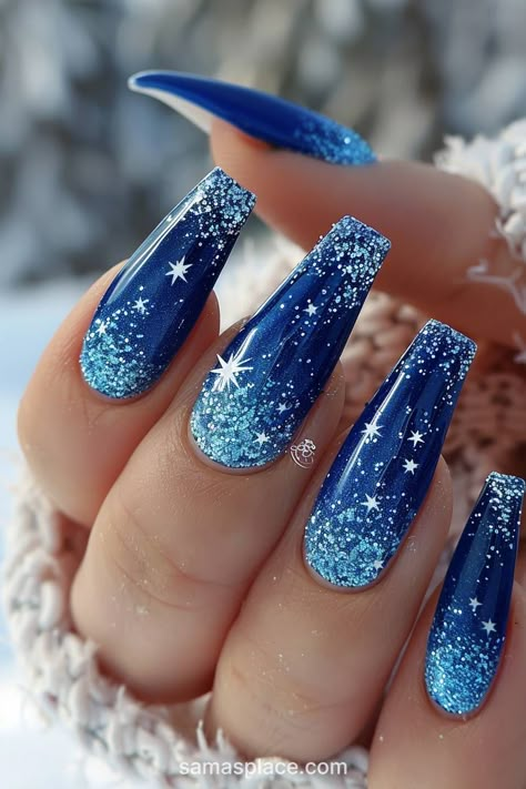 22 Blue Winter Nails Art Ideas and Designs Nail Idea New Years, Light Blue Christmas Nails Winter, Silver And Royal Blue Nails, Royal Blue Christmas Nails, January Nails Ideas Acrylic, December Nails Blue, Blue Christmas Nails Winter, Dark Blue Winter Nails, Fancy French Manicure