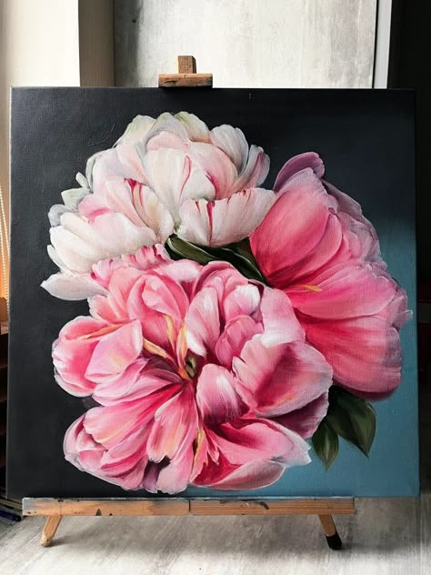 Flower Painting Realistic, Oil Painting Flowers Realistic, Realism Art Painting, Oil Painting Realistic, Nature Watercolor Art, Peonies Painting, Painting Peony, Painting Realism, Texture Paintings