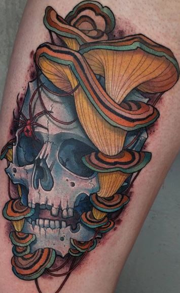 Mushroom Tattoo For Men, Neotrad Mushroom, Neotraditional Mushroom, Mushroom And Skull Tattoo, Mushroom Skull Tattoo, Colorful Mushroom Tattoo, Mushroom Skull, Mushroom Tattoos Color, Skull Mushroom Tattoo