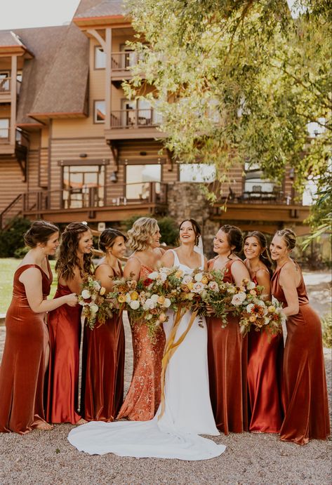 Different Texture Bridesmaid Dresses Rust, Wedding With Different Bridesmaid Dresses, Different Color And Texture Bridesmaid Dresses, Mismatched Rust Bridesmaid Dresses, Fall Beach Bridesmaid Dresses, Boho Bridesmaid Colors, Bridesmaid Dresses Different Fabrics, Rusted Orange Bridesmaid Dresses, Mixed Rust Bridesmaid Dresses