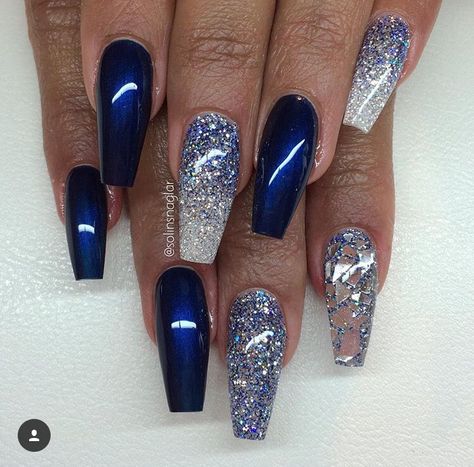 Prom Nails Silver And Blue, Navy Blue And Silver Nails Acrylic, Dark Blue And Silver Nails Acrylic, Blue And Silver Acrylic Nails Coffin, Blue And Silver Nails Acrylic, Navy Blue And Silver Nail Designs, Indigo Blue Nails, Dark Blue Nails With Silver Design, Blue And Silver Prom Nails