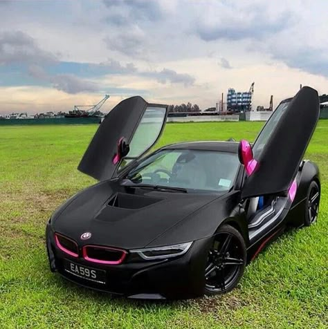 Her custom satin black and pink BMW i8 Pink Bmw I8, Bmw I8 Custom, Girlfriend Driving, Pink And Black Car, Bmw I8 Black, Pink Bmw, Pink Ferrari, Bmw Custom, Matte Black Cars