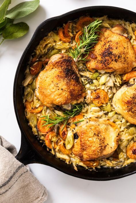 There's nothing better in a cook's eye than only needing one pan to complete a dish! And with this apricot chicken baked together with orzo and herbs, that's exactly what you get! It's super simple, goes together in a pinch, and is perfect for a weeknight meal! | wyseguide.com #apricot #chicken #onedish #weeknightmeal Wyseguide Recipes, Chicken With Orzo, Apricot Chicken Recipes, Keto Meat, Wyse Guide, Apricot Chicken, Chicken Baked, Skillet Dishes, Tuna Casserole