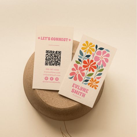 Retro Pink Orange QR Code Groovy Floral Girly Boho Cricut Logo Projects, Feminine Business Card Design, Flower Business Branding, Interesting Business Cards, Etsy Logo Ideas, Funky Business Cards, Floral Logo Design Ideas, Floral Advertising, Crafty Business Cards